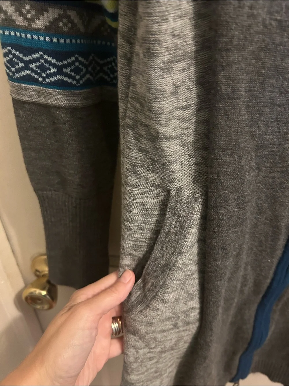 Title Nine Gray Hooded Zip Cardigan Long Line Wool Aztec Pattern Sleeves M